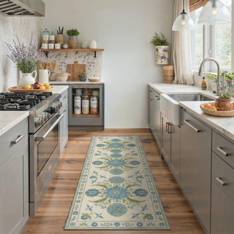 Aura Floral Machine Washable Blue / Beige / Green Indoor Area Rug with Non-Slip Backing, Runner 2'3" x 6'