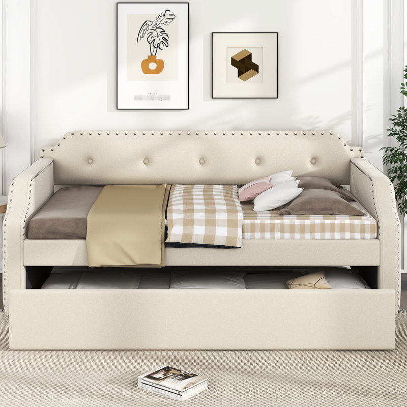Lit de jour simple rembourré beige avec lit gigogne et rangement, Beige