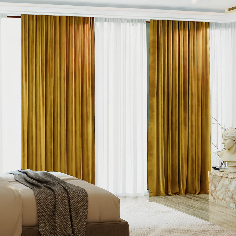 Blackout Velvet Curtains For Bedroom, Living Room And Home Office (Set Of 2), 52" W x 108" L, Honey Yellow