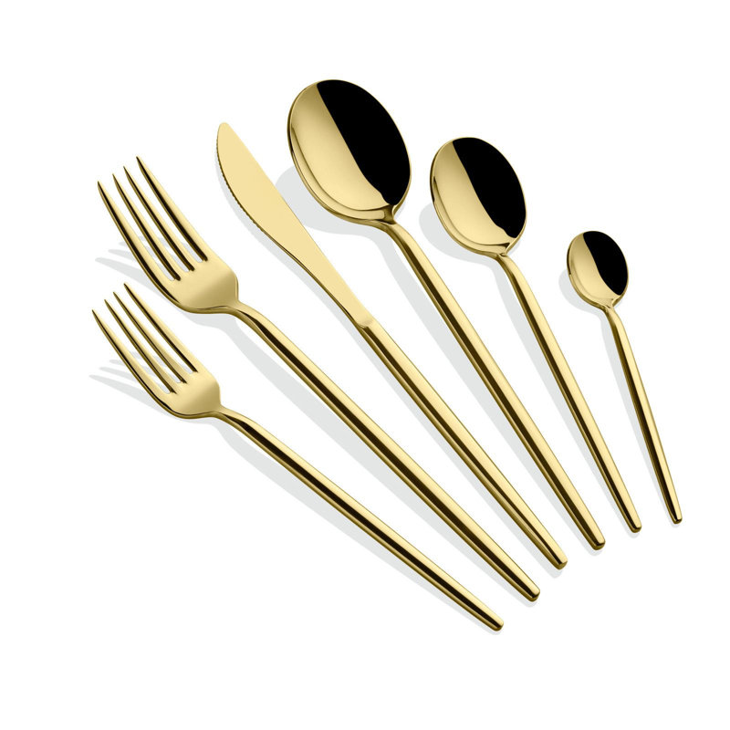 Ensemble de couverts 36 pièces, 100% acier inoxydable, finition dorée | Comprend 6 cuillères de table (8,4 po), fourchettes de table (8,5 po), couteaux de table (9,2 po), cuillères à dessert (7,1 po), fourchettes à dessert (7,2 po), cuillères à thé (4,4 po), lavable à la main et élégante Essentiels de salle à manger