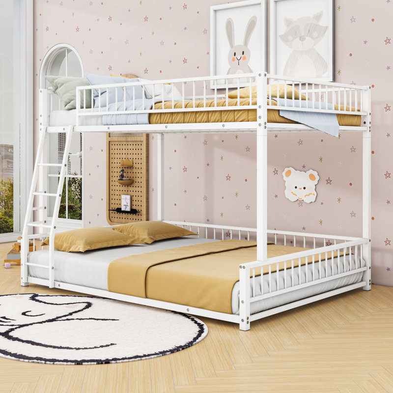 Heavy Duty Metal Bunk Bed Frame With Safety Guardrails And Ladder, White, Full XL Over Queen