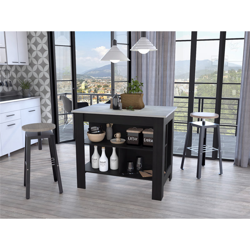 Îlot de cuisine polyvalent à 3 tablettes pour une cuisson et un rangement efficaces, Noir / naturel