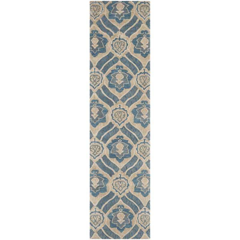 Tapis bleu / ivoire en laine / coton touffeté à la main Amory, Tapis de couloir 2 pi 3 po x 11 pi