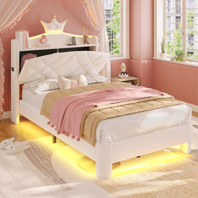 Crown-Style Velvet Upholstered Platform Storage Bed with LED Light Kids Bedroom Furniture by Wrought Studio