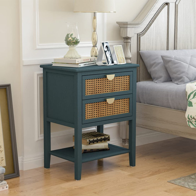 Master Classical Nightstand with 2 Rattan Drawers, Bedside Table with Storage, End Table, Turquoise