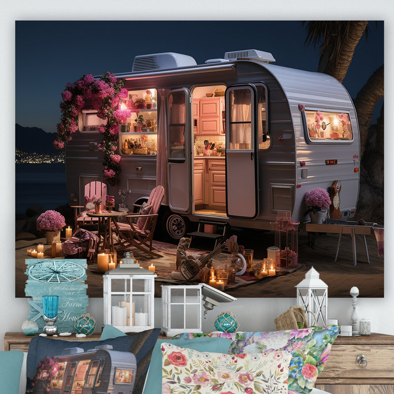 Pink Camping Van Desert Getaway II - Camping Travel Wall Art, 12" H x 20" W x 1" D, Wrapped Canvas