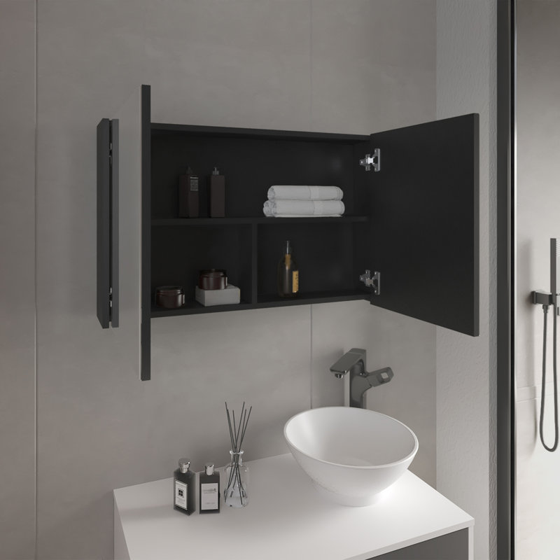 Bouti 19.7" H X 31.5" W Double Door Mirror Medicine Cabinet, Three Interior Shelves For Bathroom, Kitchen, Black