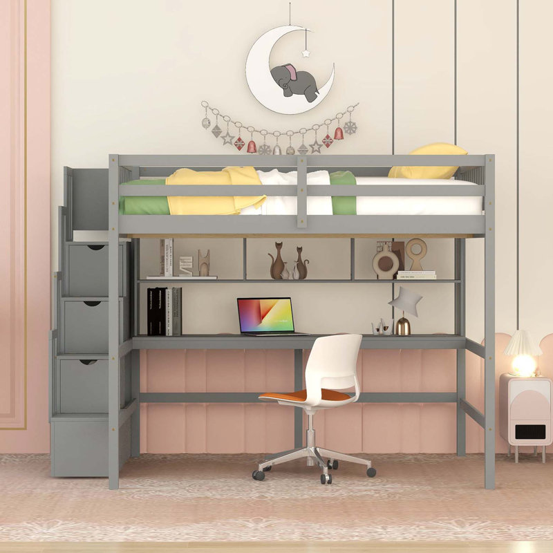 Lit mezzanine double avec bureau, tablettes de rangement et escalier, gris, Gris