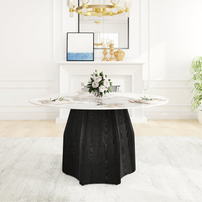 53" Round Table In Modern Design, White Sintered Stone With Black Oak Base, Easy To Clean Property, Dining Room For 6 Wipe Clean,