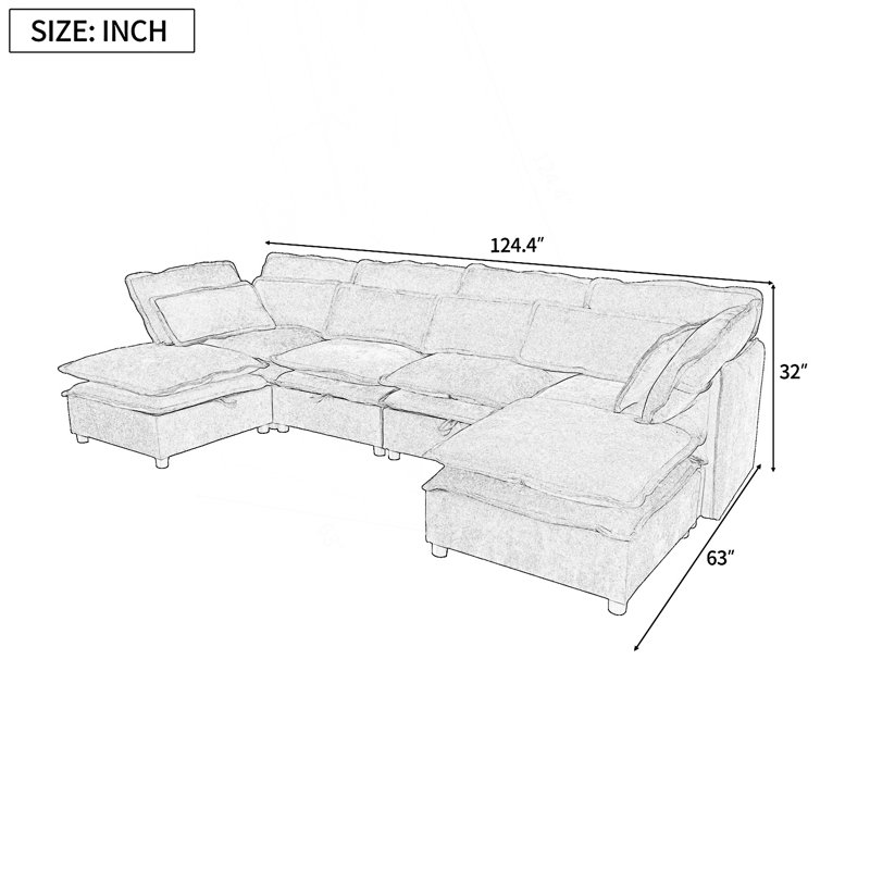 Modern Large U-Shaped Modular Sofa, Freely Combinable 6-Seater Sofa, Convertible To Sofa Bed