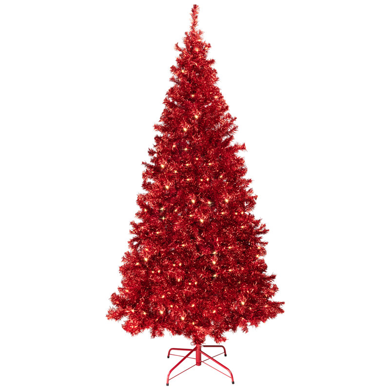 Pre-Lit Profile Artificial Tinsel Christmas Tree - Red, 7', Pre-Lit