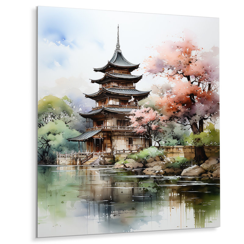 Asian Art Serene Pagoda II - reproduction d'art non encadrée sur métal, H 32 po x l 24 po x P 1 po