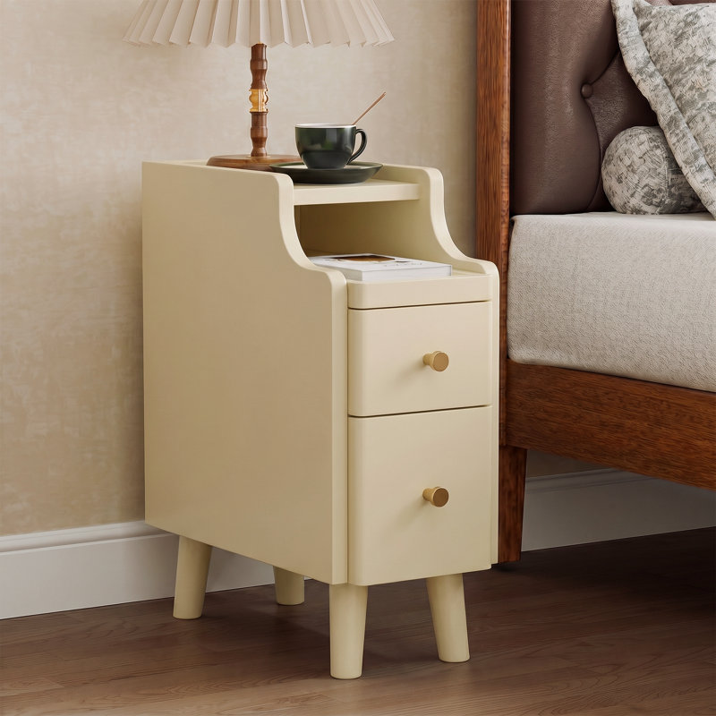 Narrow Nightstand with Drawers, Pre-Assembled Solid Wood Small Skinny Night Stand with Open Sliding Shelf, Individual, Cream