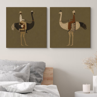 Couple d'autruche fantaisiste avec chapeaux et écharpes dans un style rétro ludique, reproduction sur toile encadrée, ensemble 2 pièces