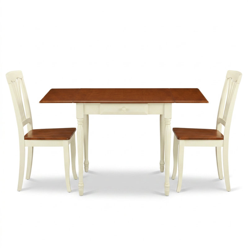Ensemble de salle à manger rectangulaire 3 pièces en bois dur asiatique couleur babeurre et cerisier, avec abattant, 2 tiroirs et 2 chaises à assise en bois.