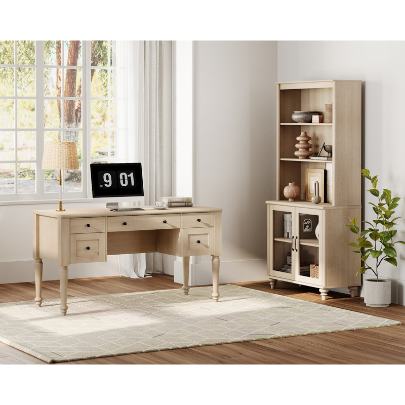 2 Piece Office Set, 56" Executive Desk & Bookcase With Glass Doors, Beige