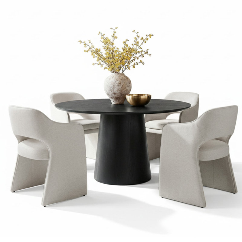 4 - Person Dining Table Sets With Round Table & 4 Upholstered Waterproof Chairs, Beige