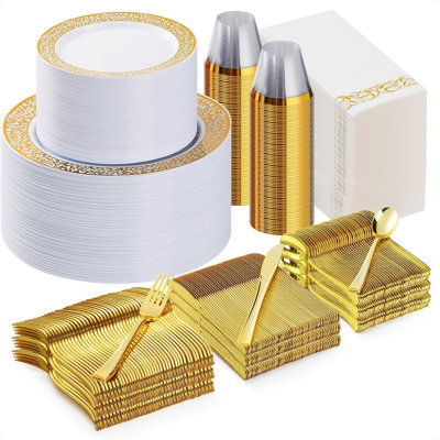 700PCS Gold Plastic Dinnerware Set for 100 Guests