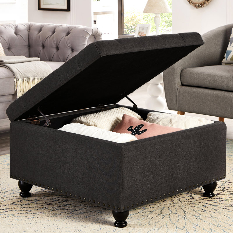 Dark Grey Storage With Solid Wood Frame And Button Cover Linen Upholstered Wooden Legs Shade, Dark Gray