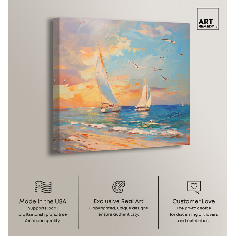 Sailboats in the Sunset Coastal 12" x 12" Canvas Wall Art