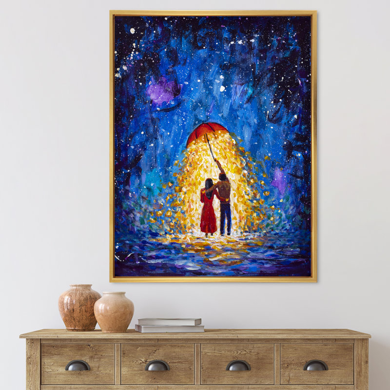 Couple in Love Walks Under Glowing Umbrella - peinture sur toile, Cadre flottant doré, H 32 po x l 24 po x P 1 po