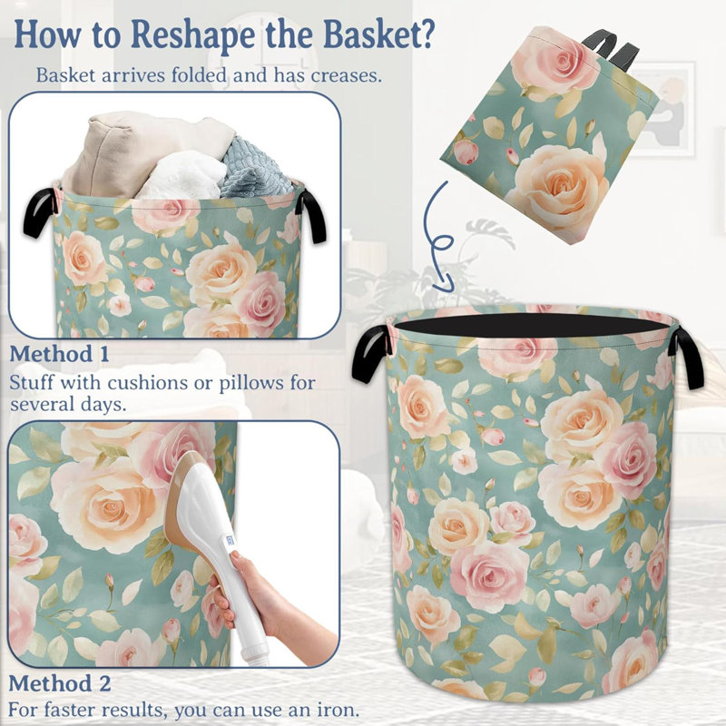 Vintage  Rose Laundry Basket,Foldable Waterproof Oxford Cloth Tote Bag Laundry Hamper With Handles Clothes Storage Bucket Organizer For Laundry Room, Bathroom, Bedroom
