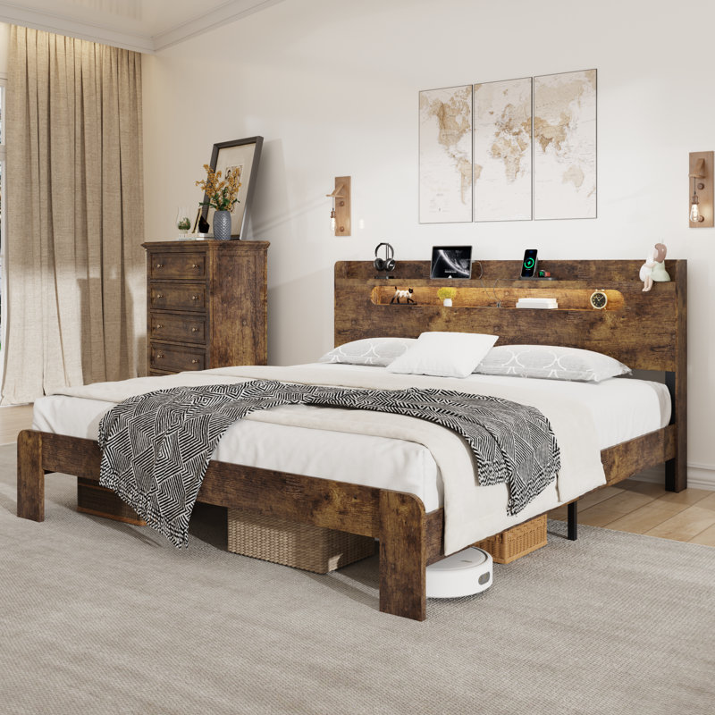 Farmhouse Wooden Bed Frame with Storage Headboard, Wood Platform Bed Frame with Charging Station & Led Lights, King, Brown