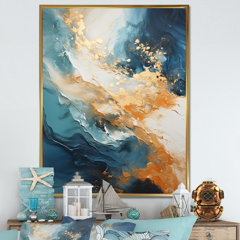 Décoration murale moderne « Rivière côtière bleue et or » - Plage et océan pour le salon, Cadre flottant doré