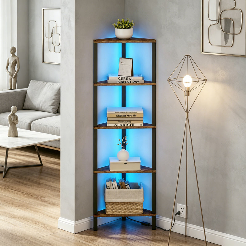 Metal Corner Bookcase, (6 Shelves) 148.5cm. H x 26cm. W x 26cm. D, Brown