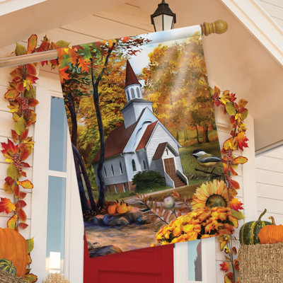 Drapeau de maison Autumn Church Sunset 28x40