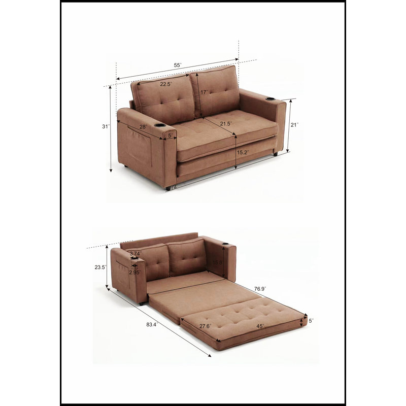 3-In-1 Convertible Futon Sofa With Tufted Loveseat, Pull-Out Sleeper, And Side Pockets For Living Room Comfort And Versatility