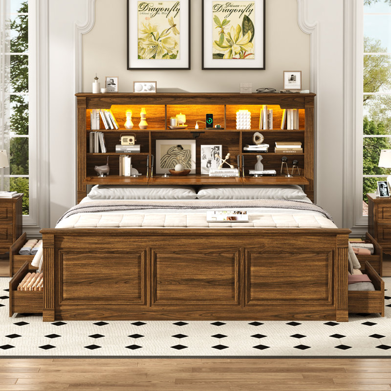 Farmhouse Bed Frame With Bookcase Storage Headboard, Charging Station And LED Lights, King, Rustic Brown