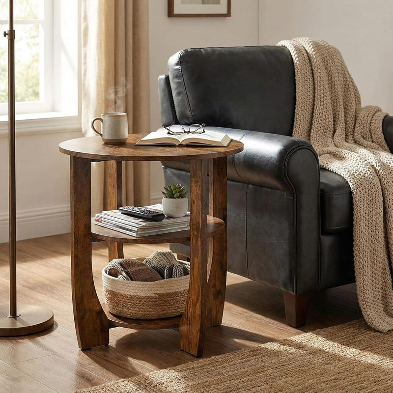 Table d'appoint ronde, table de bout à 3 niveaux avec rangement, table d'appoint brun rustique de 19,7 po, table de chevet pour le salon de la chambre à coucher, design rétro pour canapé, canapé, fauteuil inclinable, petit espace