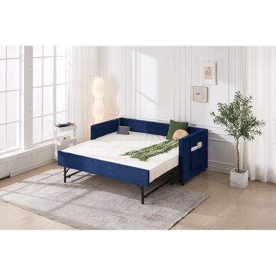 Lit de jour simple rembourré avec lit gigogne, port USB, poches latérales, dossier à profil en V moderne, aucun sommier nécessaire, pour chambre à coucher, chambre d'amis (bleu marine, lit simple)