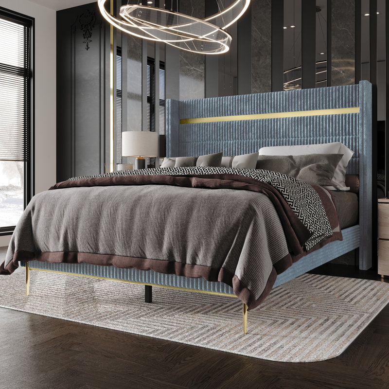 Lit tapissier standard à profil bas Anaika Corduroy, Complète, Bleu clair