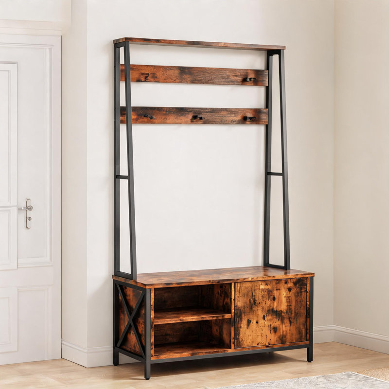 Engineered Wood Freestanding Hall Tree, Entryway Multi-Use Storage Unit, Retro Brown Matte Black, 71 Inch Height With Bench And Shoe Storage
