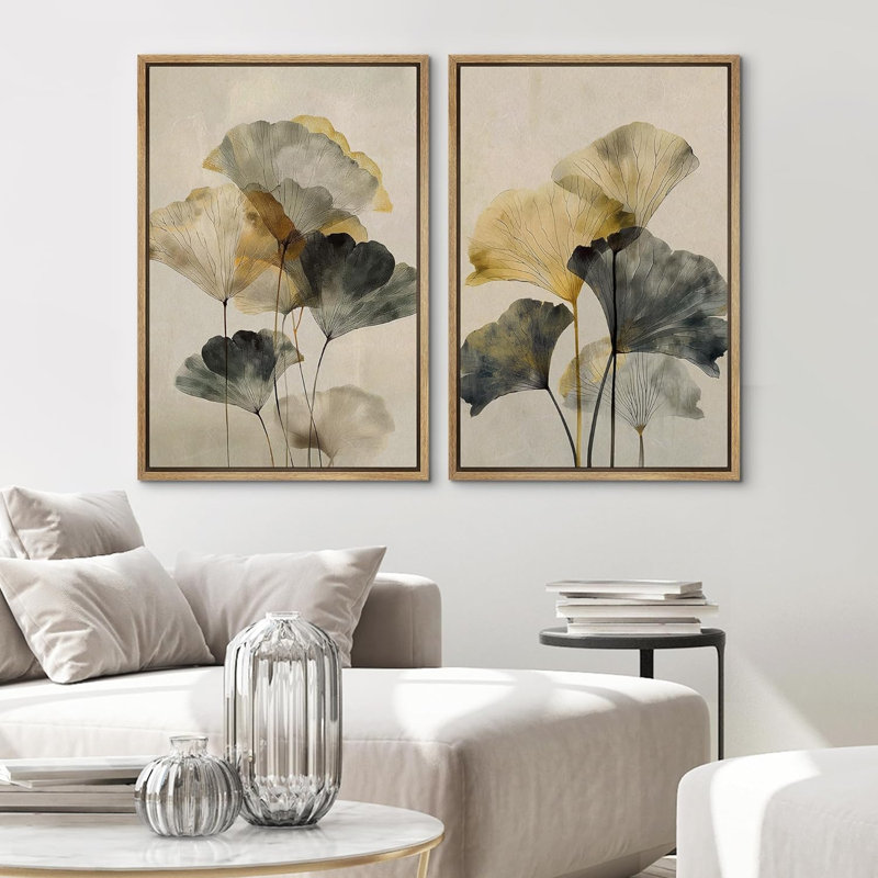 «Gold Ginkgo Leaf», art botanique neutre minimaliste moderne, impression sur toile, Encadré naturel, H 36 po x l 24 po
