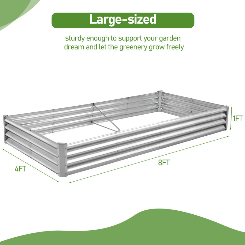 Interlocking Rectangular Galvanized Steel Sliver Raised Garden Bed, 12" H x 96" W x 48" D, 2