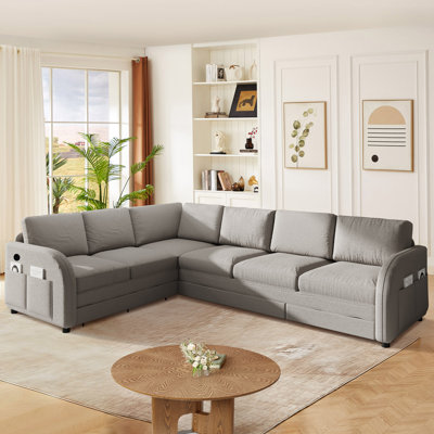 Jorlin 115.2" L-Shaped Corner Sectional Sofa With Pull-Out Bed 6 Seat Teddy Fabric Cloud Sectional Couches