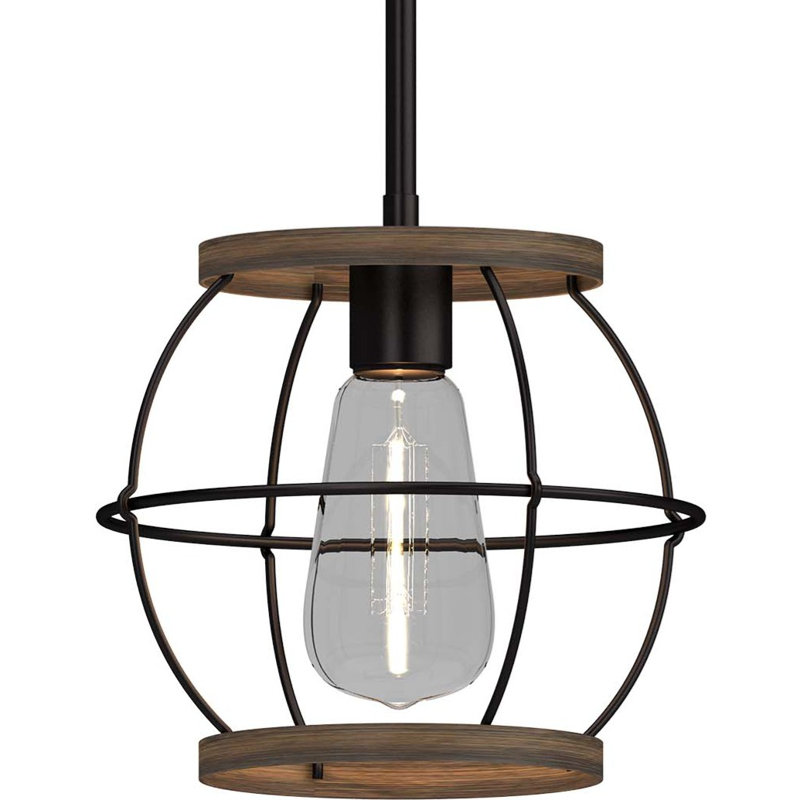 1-Light Black & Wood Grain Caged Mini Pendant Light