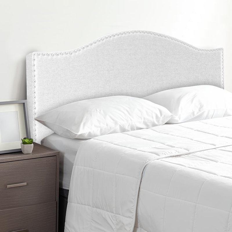 Tête de lit tapissier à garniture cloutée en tissu de lin, pieds en métal, Grand, Blanc