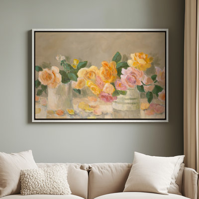 Framed Canvas Wall Art - Soft Floral Arrangement in Vase with Warm Neutral Palette - 16"x24", 24"x36"