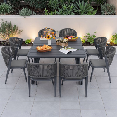 10-Piece Outdoor Dining Set, Two 51.2" Rectangular Aluminum Tables & 8 Hand-Woven Wicker Chairs with 3-Layer Breathable Cushions, Rustproof All-Weather Patio Furniture for Garden & Deck
