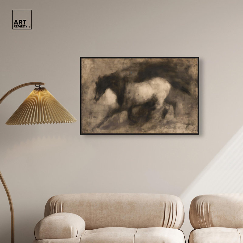 «Dark Horse», toile par Farm Art, H 25 po x l 37 po, Cadre flottant noir