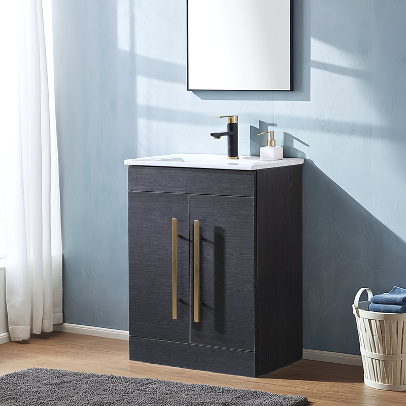 24" Modern Free-Standing 2-Door Single Bathroom Vanity Set, Brown