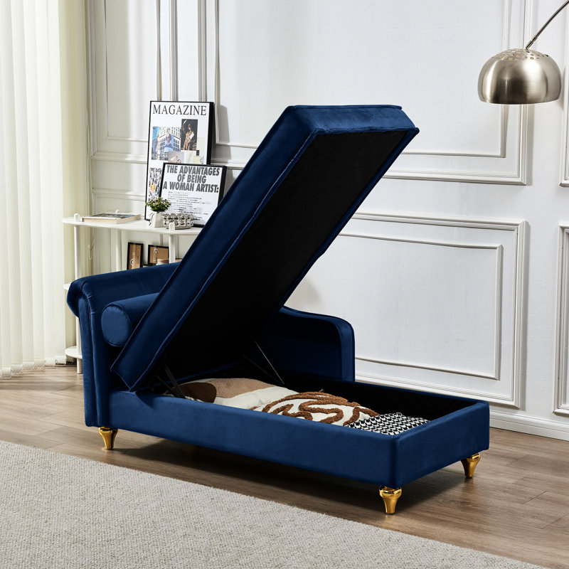 Méridienne en velours doux avec rangement en bleu marine - Design élégant et pieds dorés pour le salon Chambre / salon confortable et caché