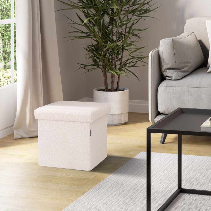 15.7" Upholstered Ottoman with Storage, White Boucle