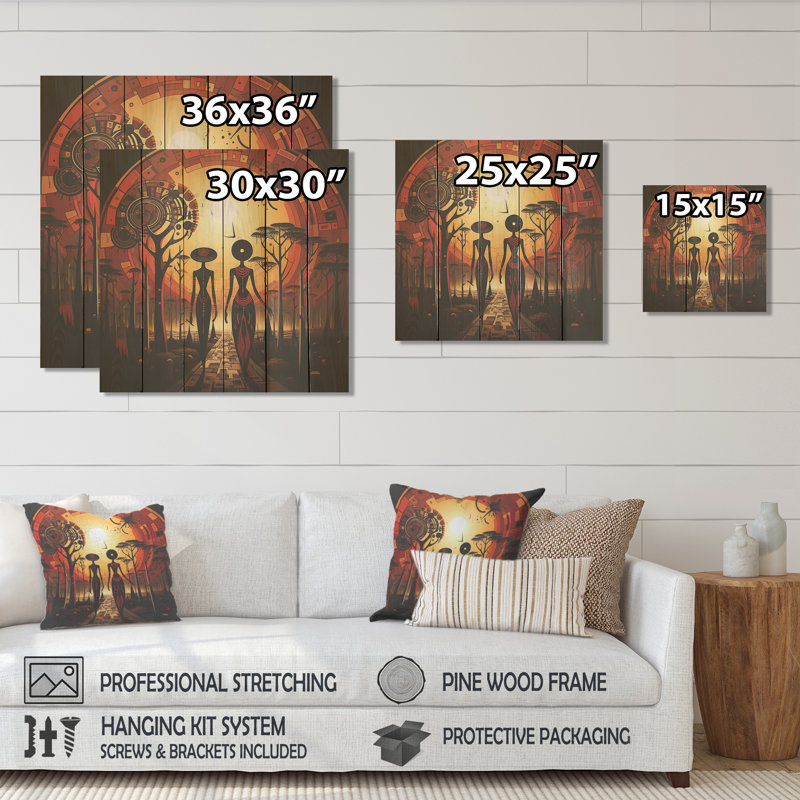 Femme jaune et rouge avec paysage africain - impression sur bois, H 36 po x l 36 po