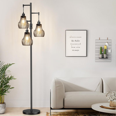 Dimmable Floor Lamp, 3 X 800LM LED Edison Bulbs Included, Farmhouse Industrial Floor Lamp Standing Tree Lamp With Elegant Cage Tall Lamps For Living Room Bedroom Office - Black
