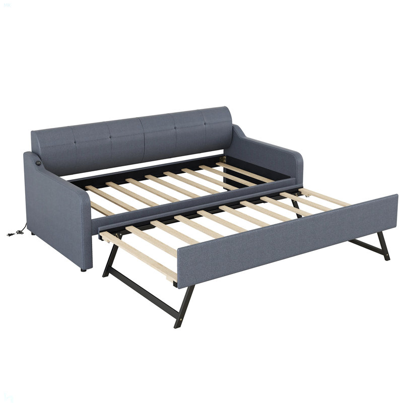 Twin Size Upholstery Daybed With Trundle And USB Charging Design,Trundle Can Be Flat Or Erected, Gray